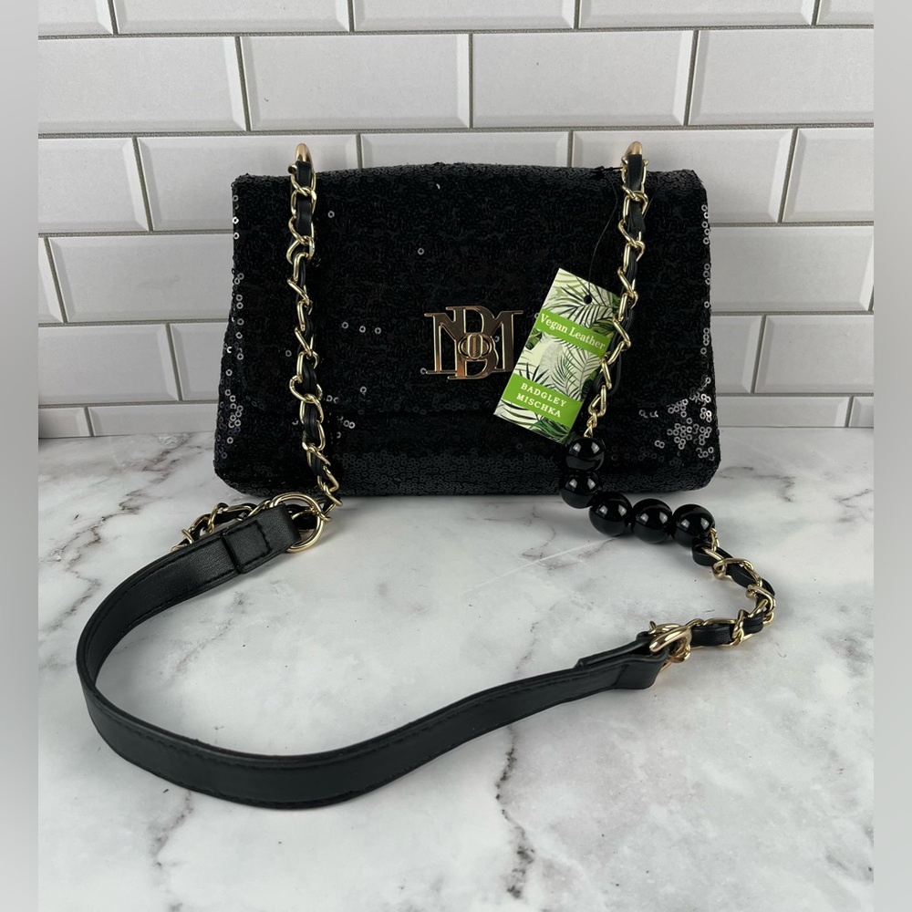 Badgley Mischka Women’s Sequin Messenger Pearl Bag Black Vegan Leather